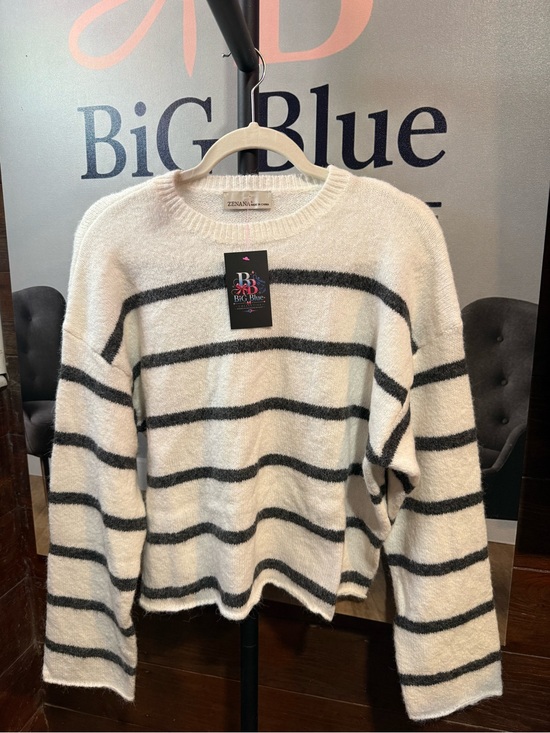 Zenana Outfitters Sweaters - Zenana Outfitters Cream and Black Striped Crewneck Sweater